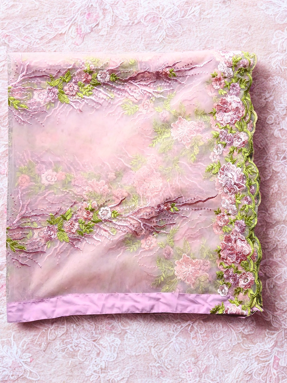 TODAY LAST CHANCE! Vintage Embroidered Large Pink Floral Organza Scarf